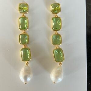 JCrew Gold and Green Pearl Drop Statement Dangle Earrings